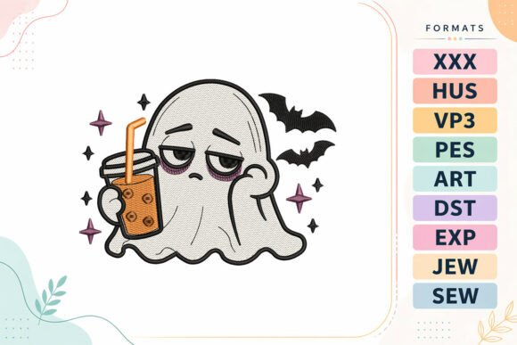 Tired Ghost Coffee Halloween Embroidery