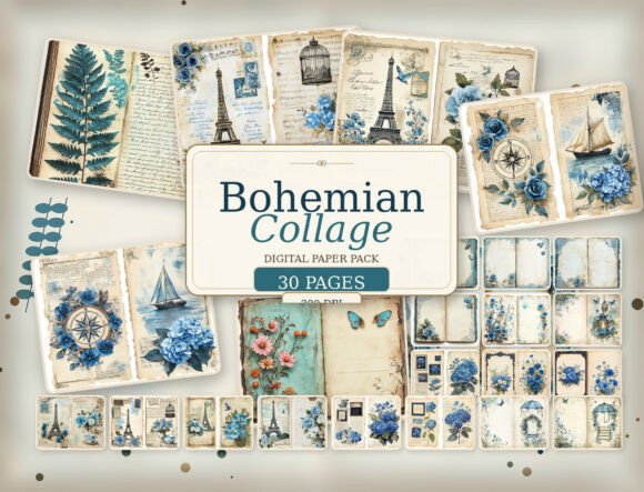 Vintage Blue Floral Journal Digital Pape