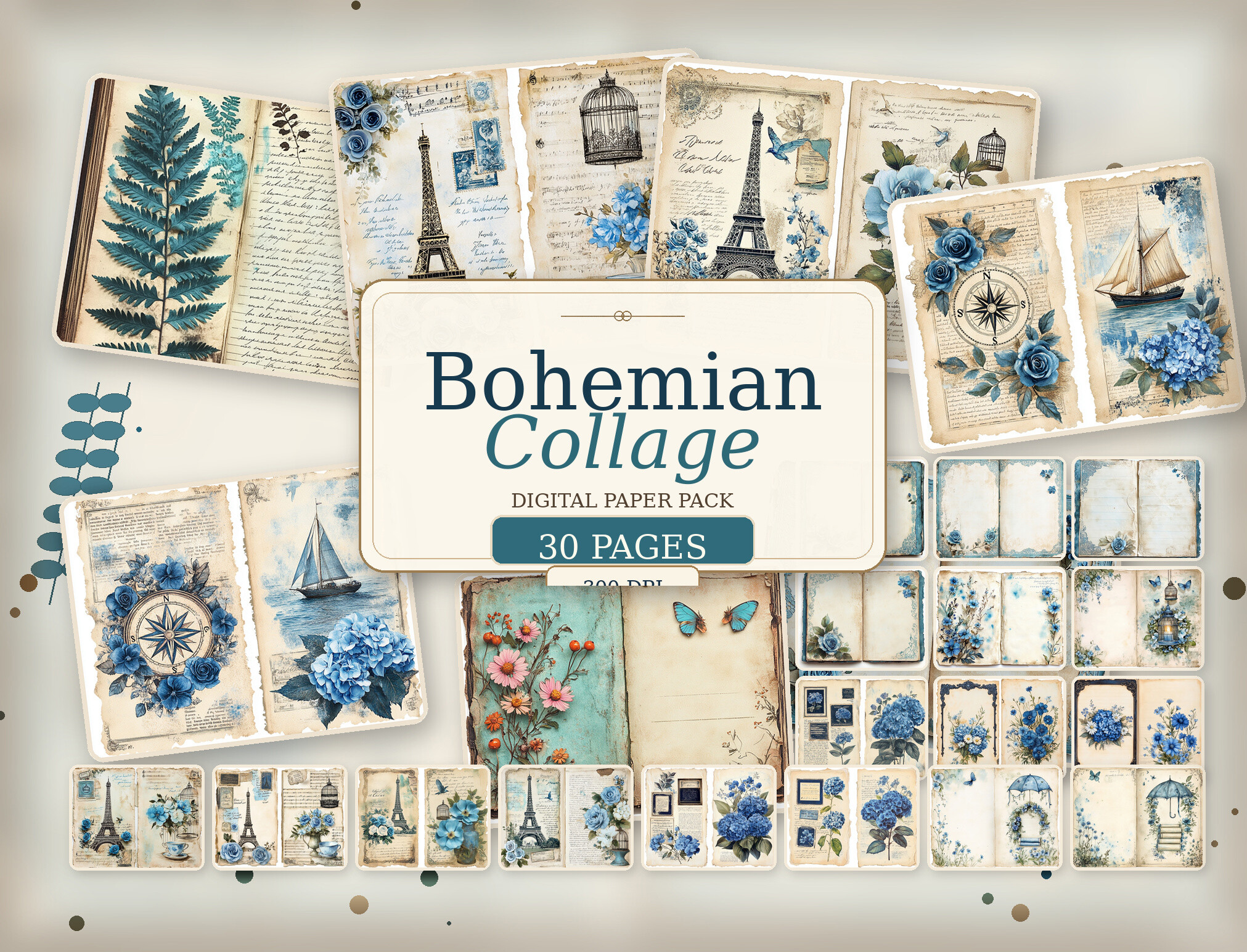 Vintage Blue Floral Journal Digital Pape