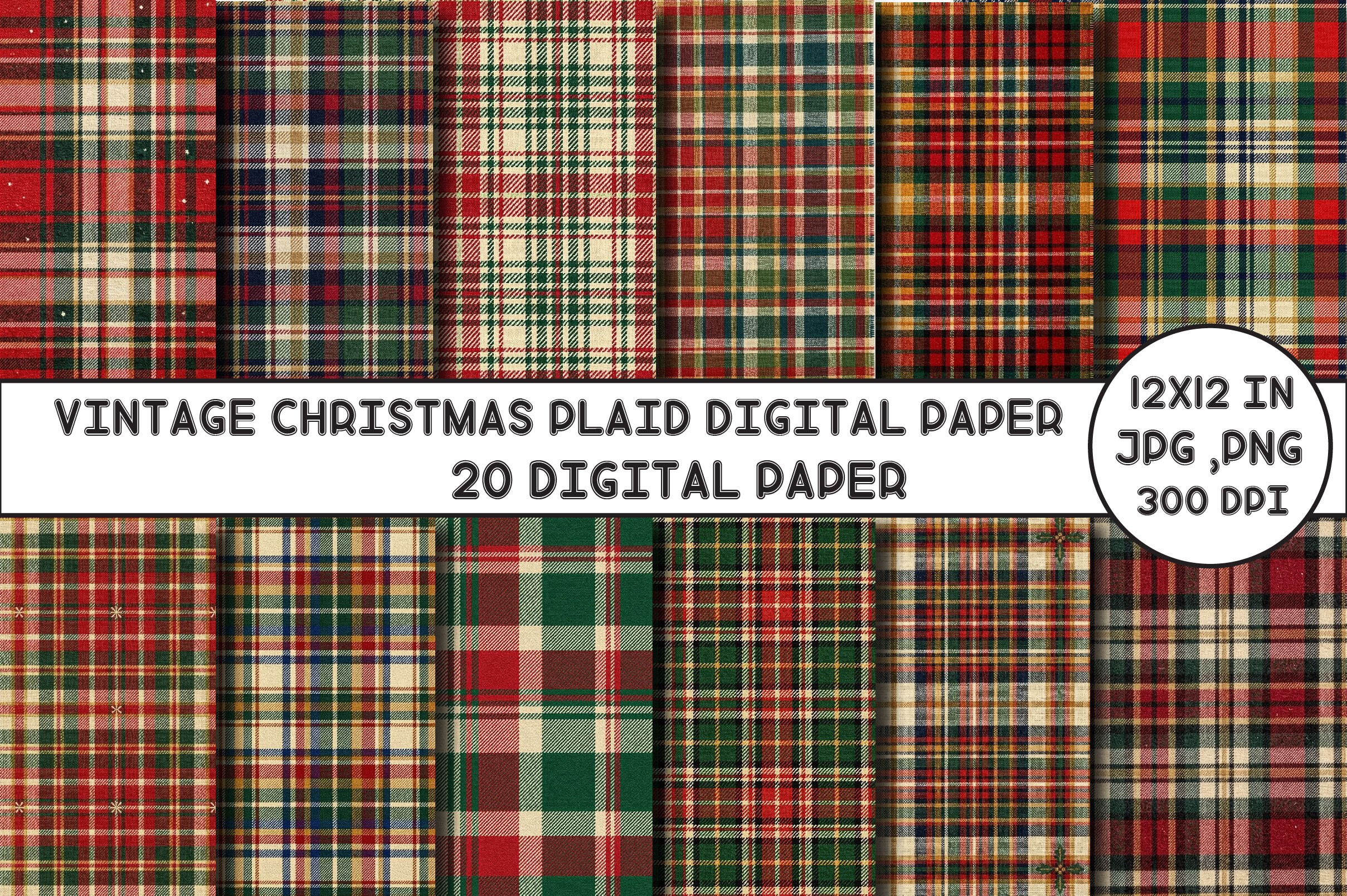 Vintage Christmas Plaid Digital Paper