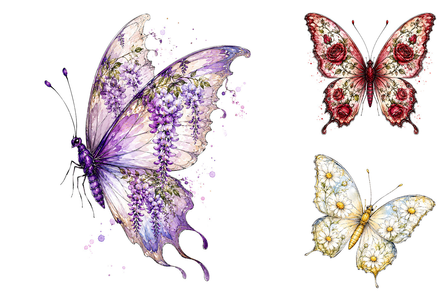 Watercolor Floral Butterflies PNG