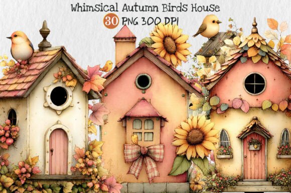 Whimsical Autumn Birds House Clipart