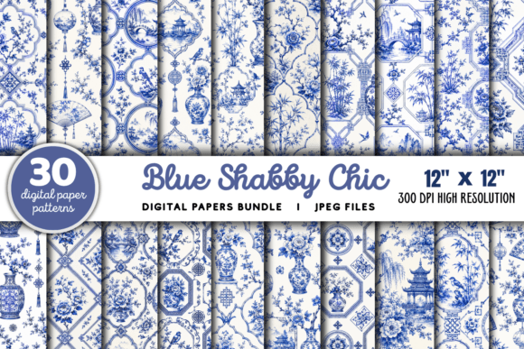 Blue Shabby Chic Chinoiserie PNG Bundle