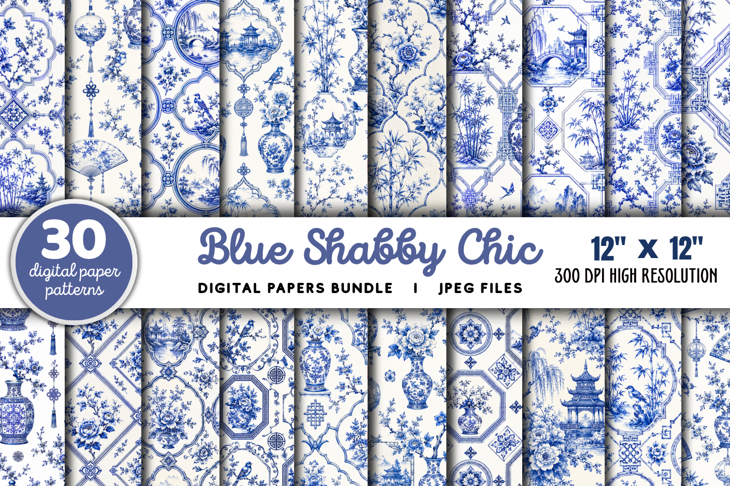 Blue Shabby Chic Chinoiserie PNG Bundle