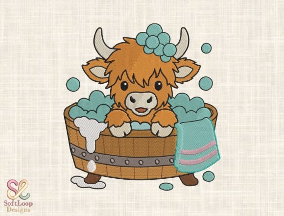 Highland Cow Bath Time Embroidery Design