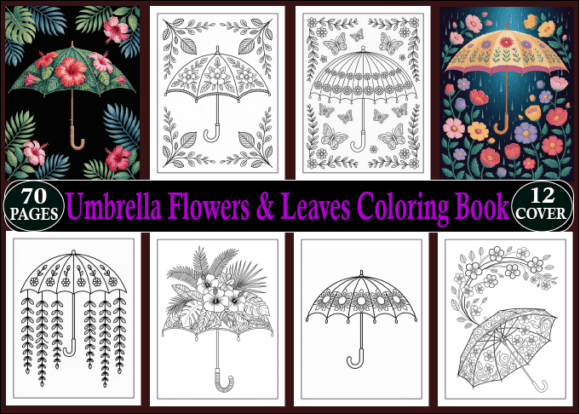Preview of Umbrella Flowers & Leaves Coloring Book coloring pages for adults