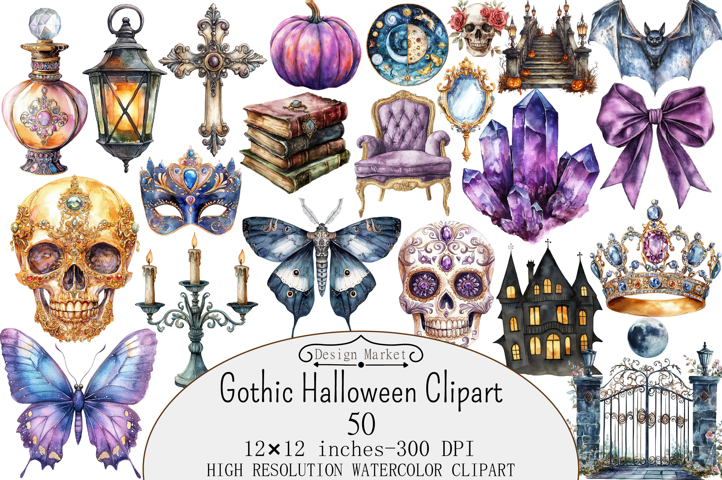 Watercolor Gothic Halloween Clipart Graphic by Design Market · Creative ...
