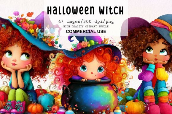 Whimsical Halloween Witch Girls Clipart