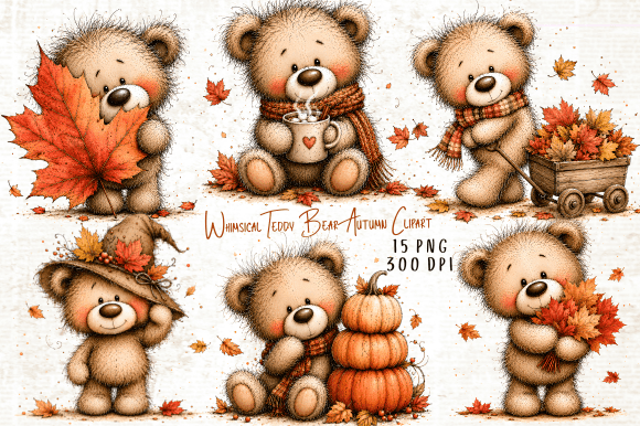 Whimsical Teddy Bear Autumn Clipart