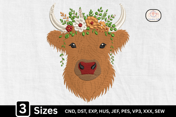 Boho Floral Highland Cow Head