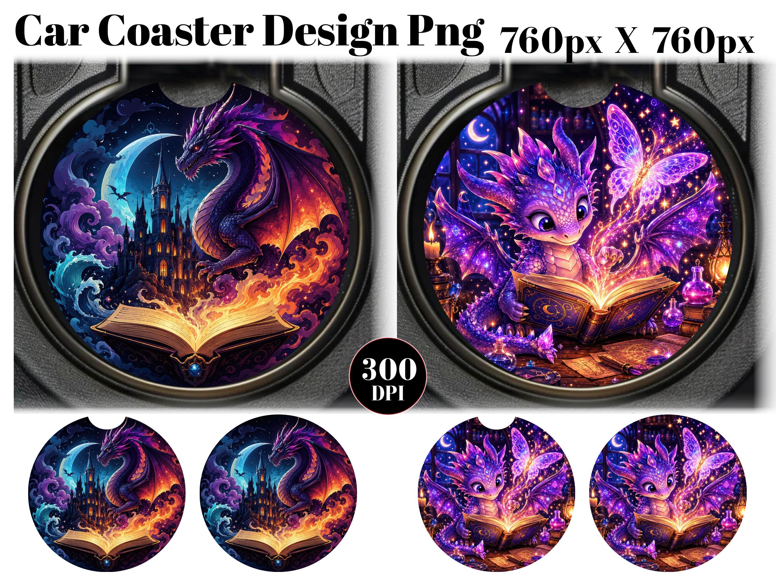 Book Dragon Car Coaster PNG Sublimation