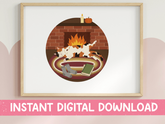 Cat By Fireplace Cozy Winter Scene Graphics
