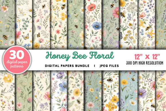 Honey Bee Floral Seamless Digital Papers
