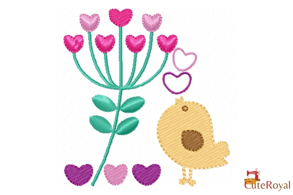 Cute Bird and Heart Flowers