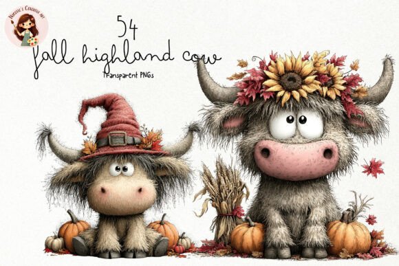 Fall Highland Cow PNG Clipart Bundle