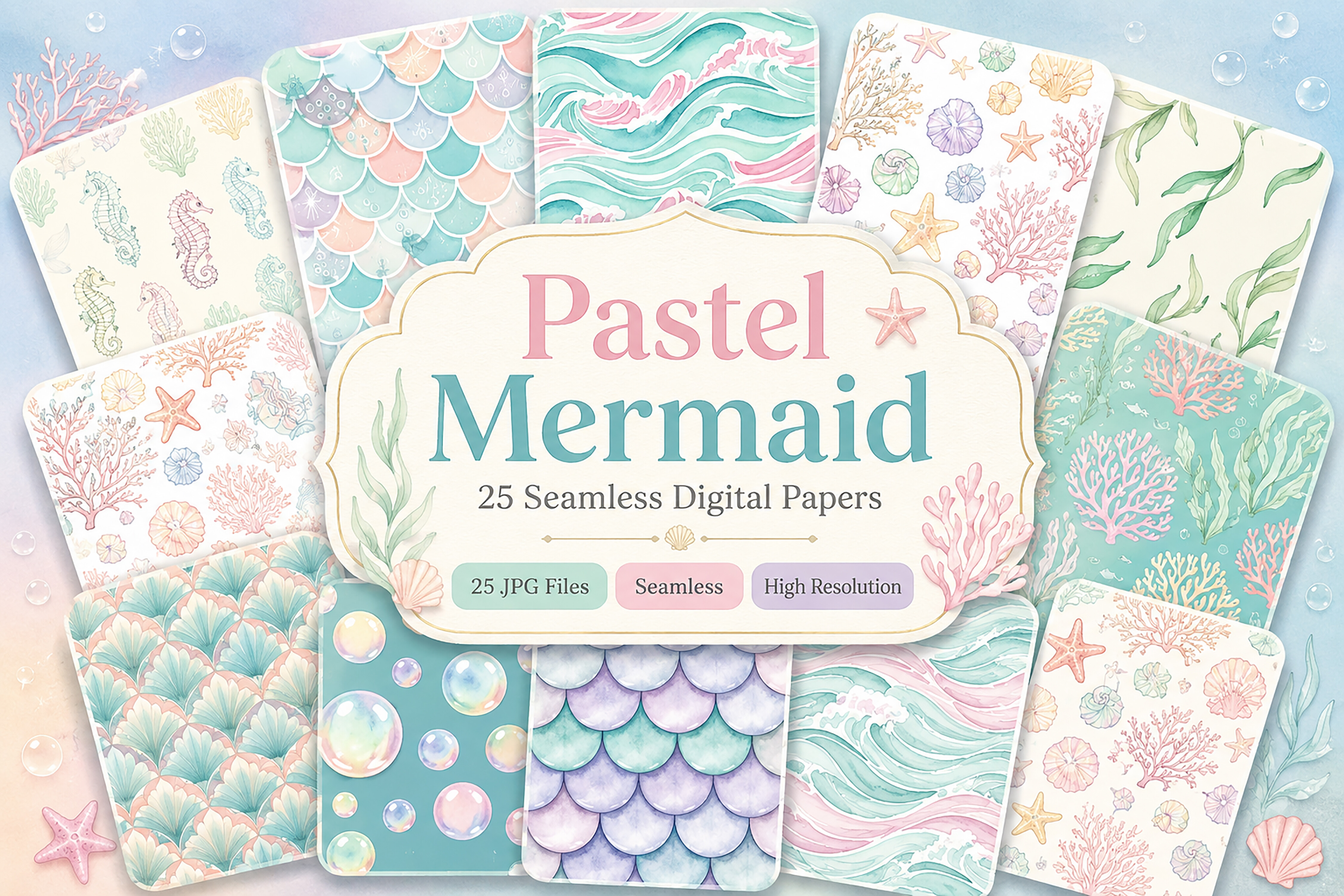 Pastel Mermaid Digital Paper Pattern Gráfico por T.D. House · Creative ...