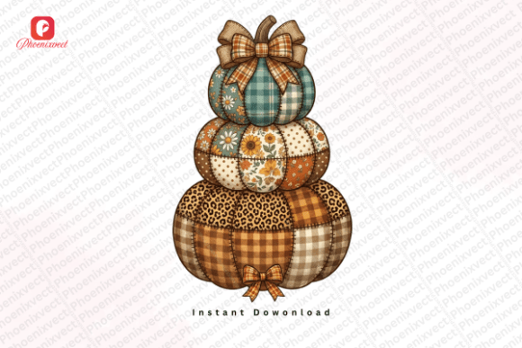 Patchwork Floral Bow Pumpkin Stack PNG