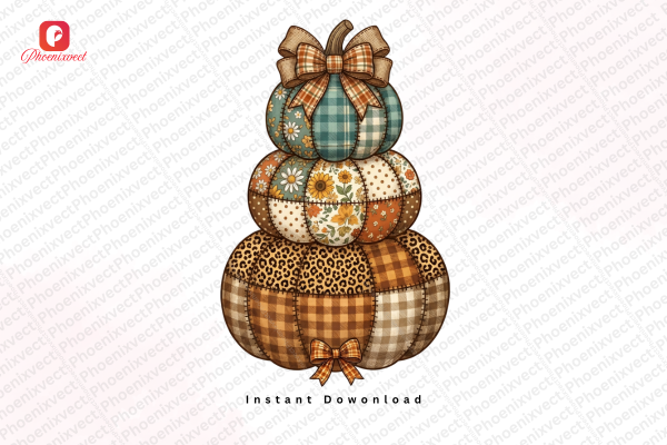 Patchwork Floral Bow Pumpkin Stack PNG