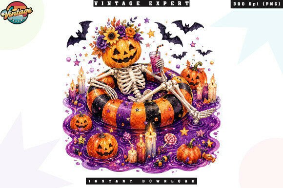 Relaxing Pumpkin Skeleton Pool Party PNG