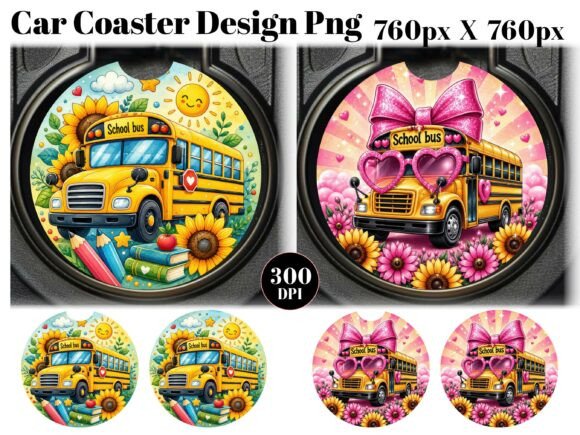 School Bus Floral Car Coaster PNG