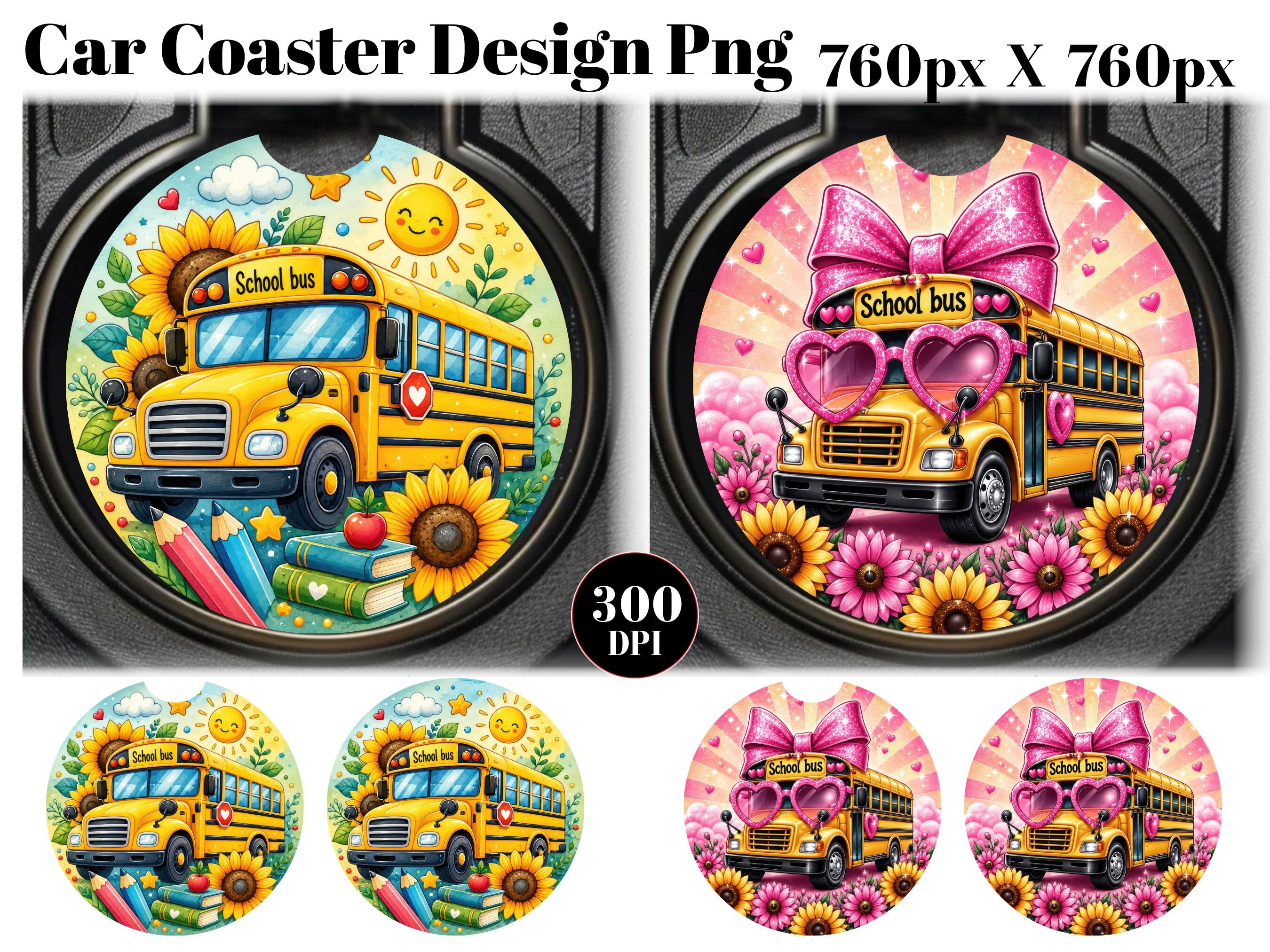 School Bus Floral Car Coaster PNG