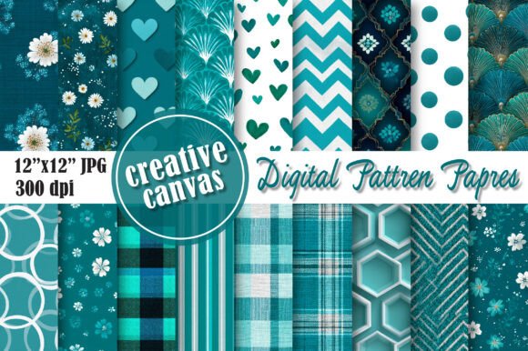 Teal Daisy & Heart Digital Paper Bundle