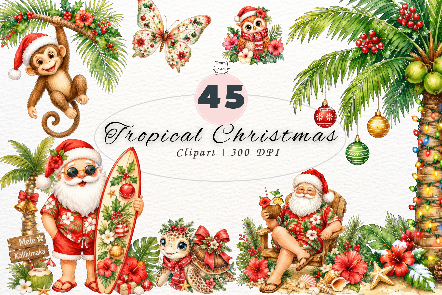 Tropical Christmas Clipart, Watercolor - photo 1