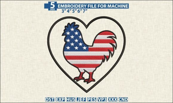 USA Rooster Heart Embroidery DST PES
