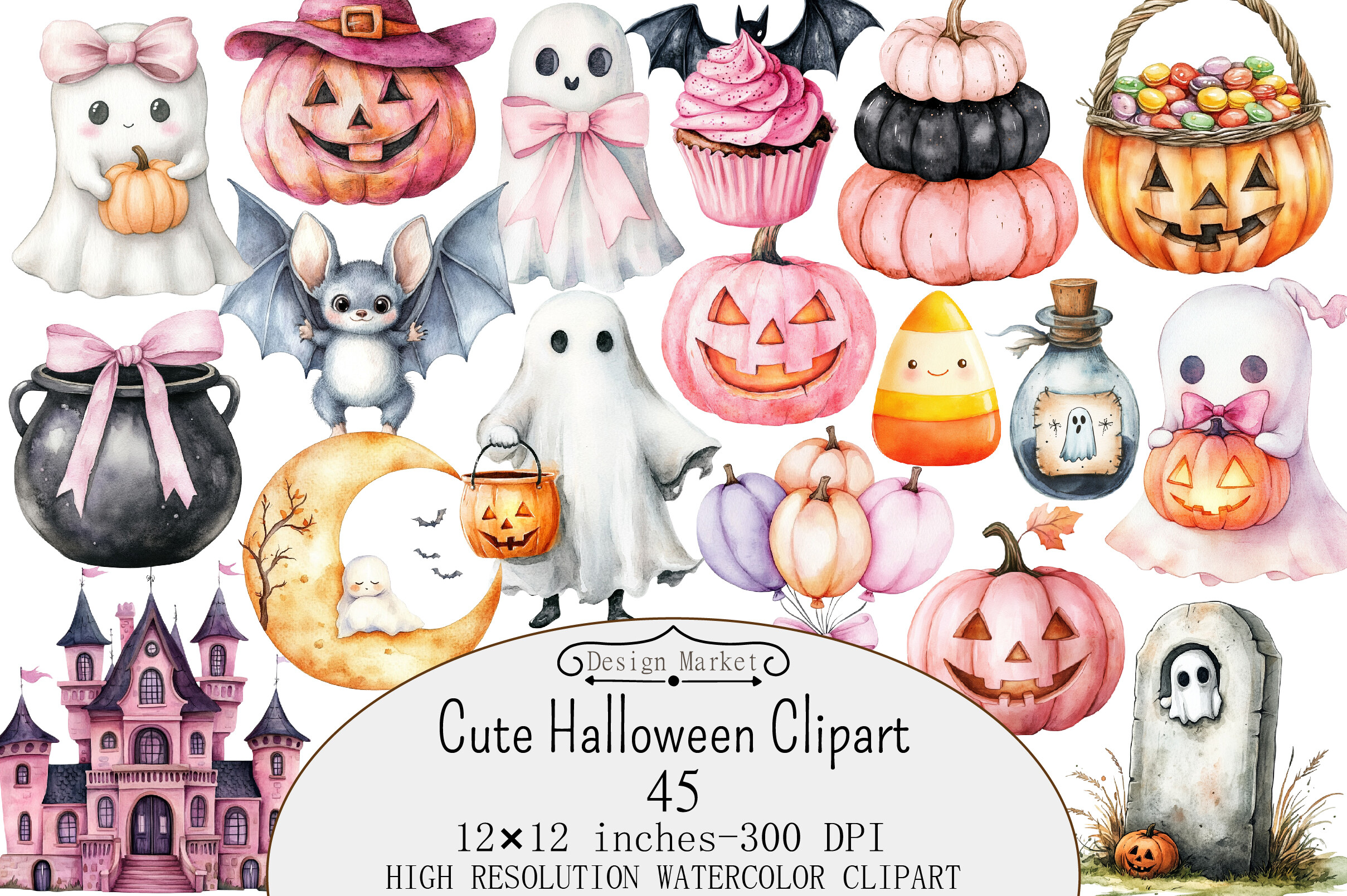 Watercolor Cute Halloween Clipart Graphic by Design Market · Creative ...