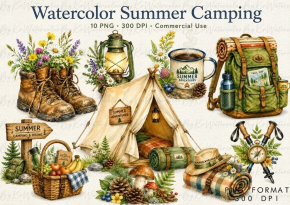 Watercolor Summer Camping Adventure PNG