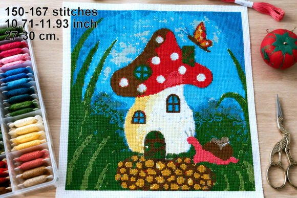 Cross Stitch Mushroom House Pattern, Fan