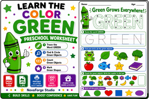 Learn the Color Green Preschool Workshee