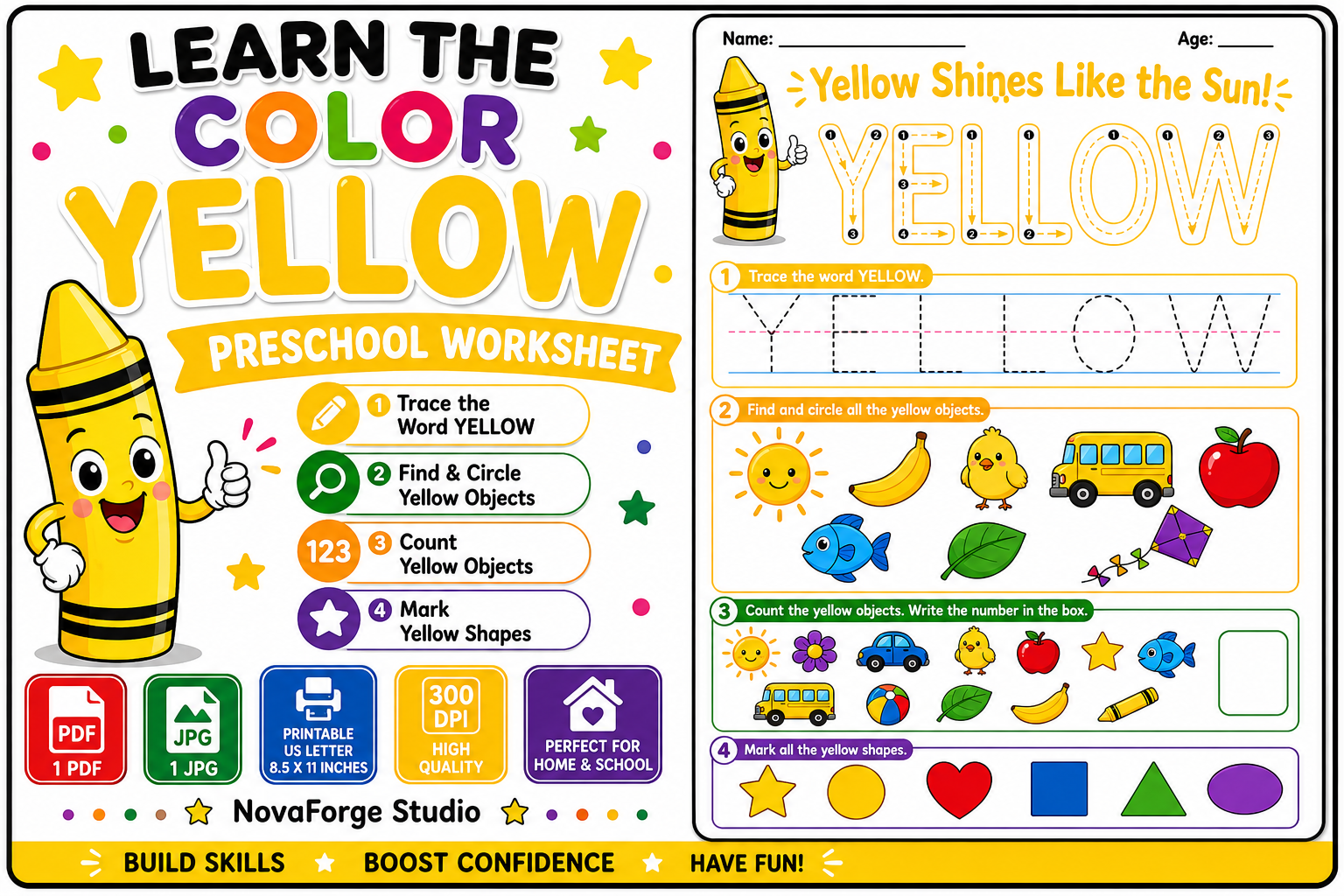 Learn the Color Yellow Preschool Workshe