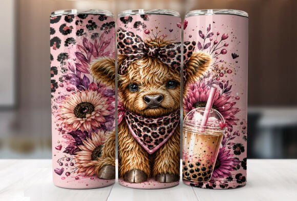 Leopard Bow Highland Cow Tumbler Wraps