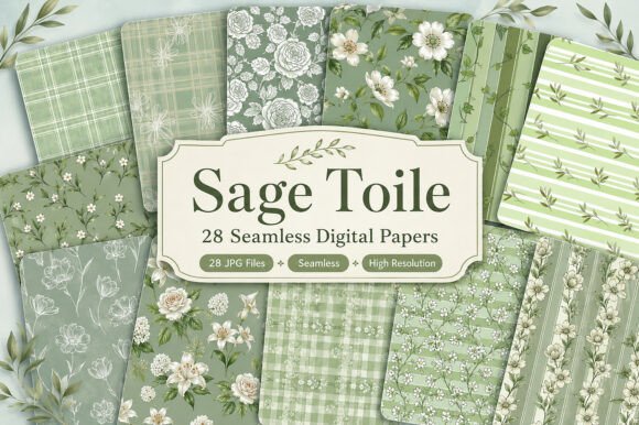 Sage Toile Digital Paper Pack, Vintage