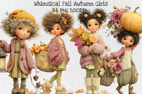Whimsical Fall Autumn Girls Clipart