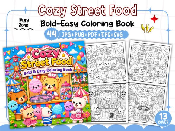 Preview of Bold Easy Cozy Street Food Coloring Book coloring pages for adults
