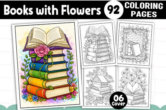 Preview of Books with Flowers Coloring Pages adult coloring pages