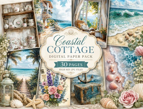 Preview of Coastal Cottage Watercolor Digital Paper