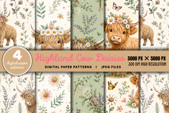 Highland Cow Daisies Digital Pattern