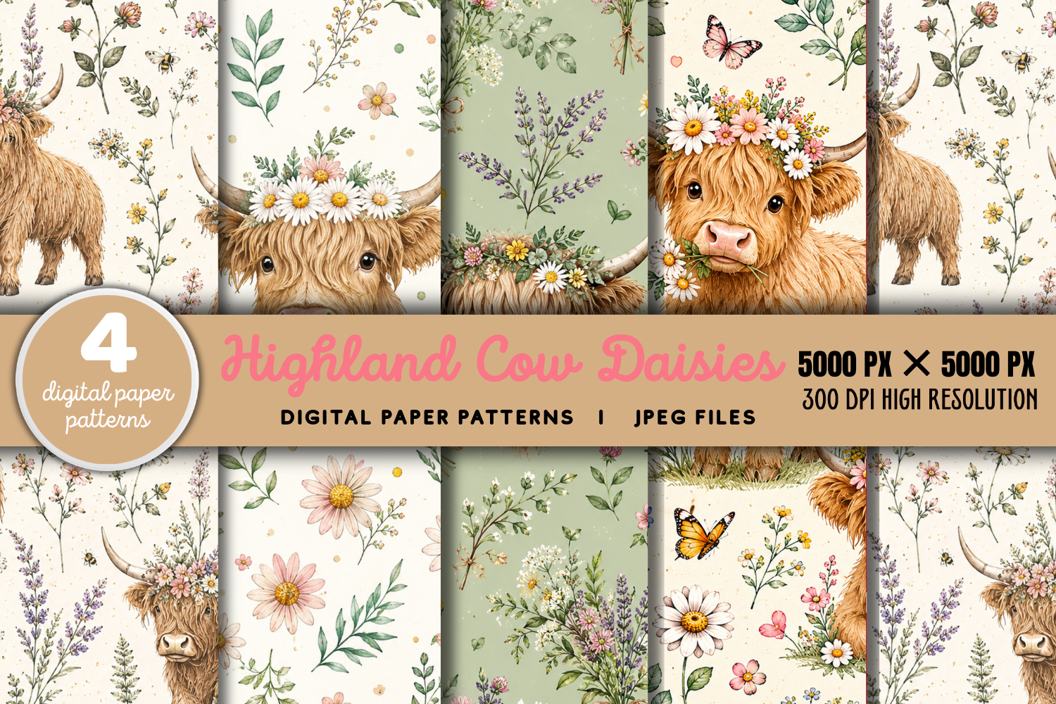 Highland Cow Daisies Digital Pattern
