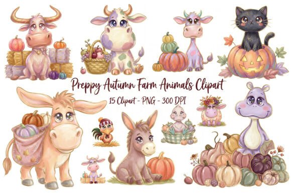 Preppy Autumn Farm Animals Clipart Set