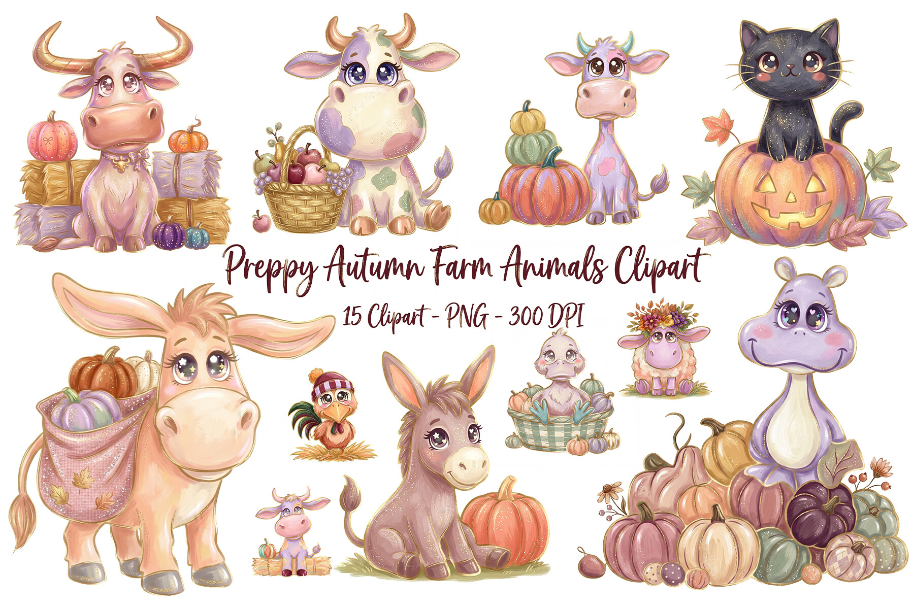 Preppy Autumn Farm Animals Clipart Set