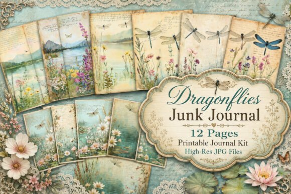 Preview of Vintage Dragonfly Lake Digital Paper