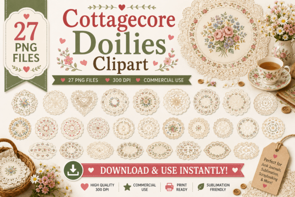Watercolor Cottagecore Doilies Clipart