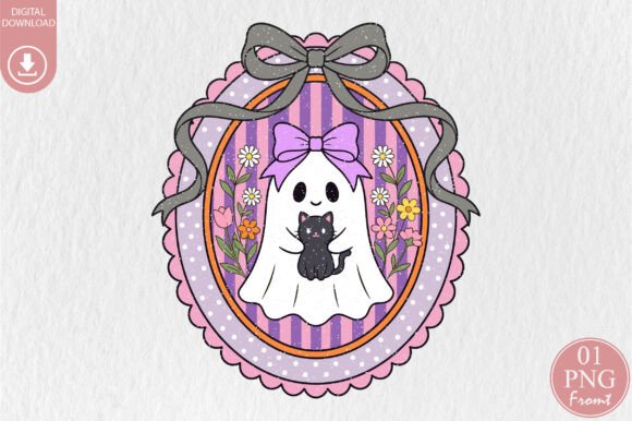 Coquette Ghost with Black Cat Design PNG