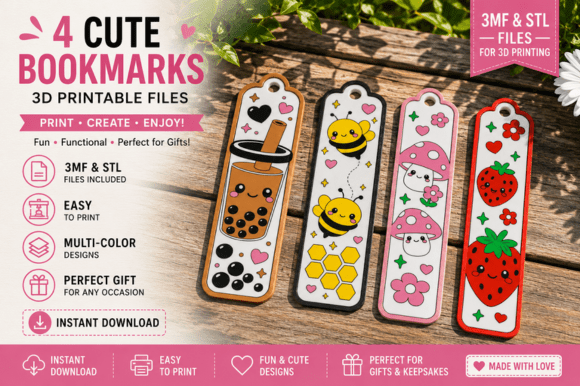 Cute Bookmarks STL Files - 4 Designs Bundle for 3D Printing - Image 1