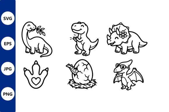 Cute Happy Dinosaurs Line Art Vector