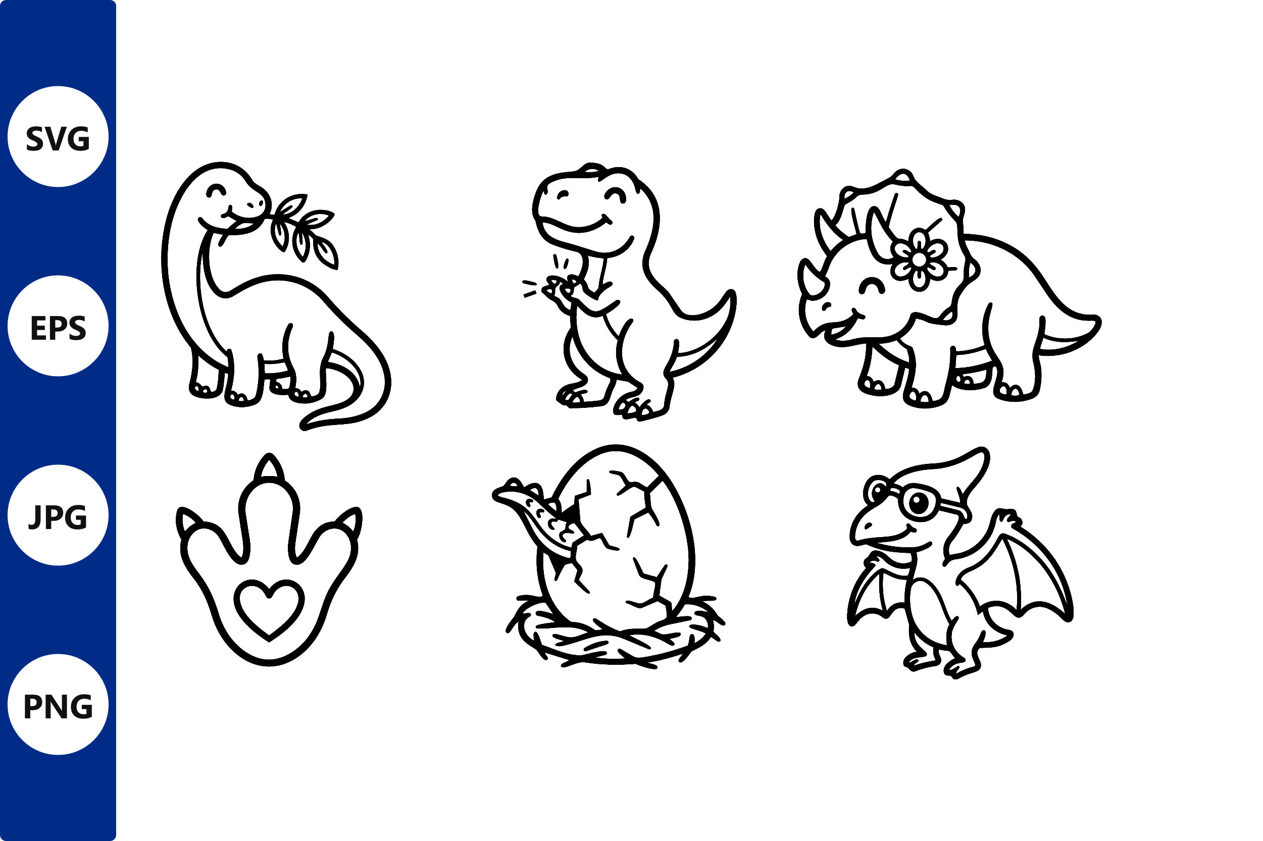 Cute Happy Dinosaurs Line Art Vector