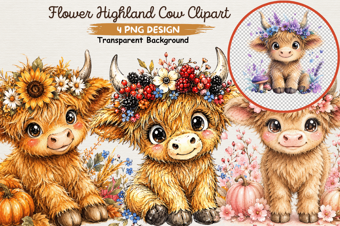 Flower Highland Cow Clipart PNG,Highland Graphic by Craftoria ...
